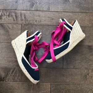 J.Crew Carolyn Navy Blue & Pink Lace Up Espadrille